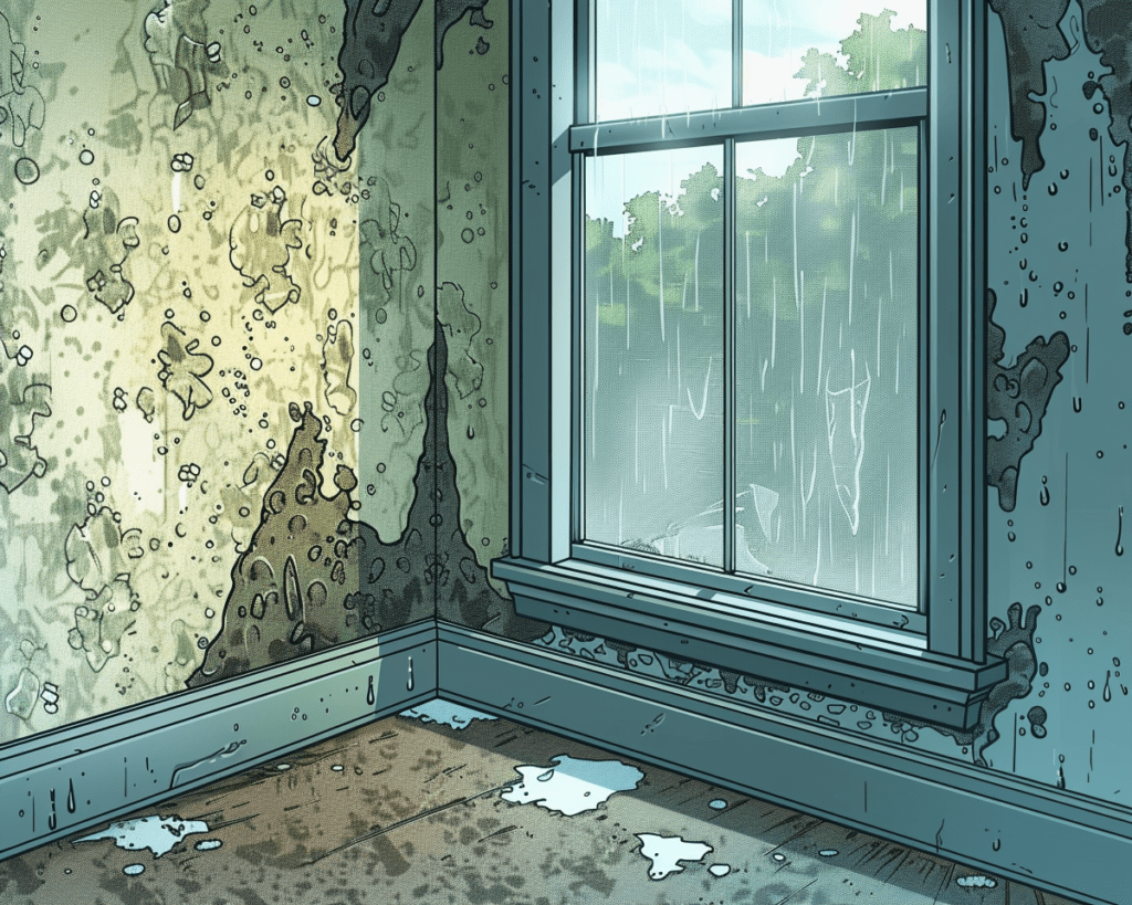 Comic book illustration of an empty room during the daytime, showcasing significant water damage and mold growth on the walls. The room features large windows that illuminate the damage, highlighting the mold's detail and the dampness affecting the walls and floor. The style is highly detailed, capturing the severity of the moisture issues in a graphic, visually striking manner.