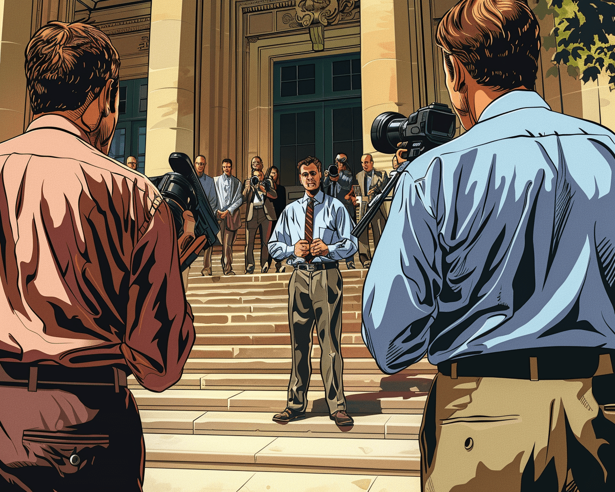 A colorful comic book-style illustration depicting a media interview on the steps of a courthouse. The scene features two men in business attire, one with brown hair and the other with blue eyes, standing in the foreground. The brown-haired man is being interviewed, holding a microphone while facing multiple news cameras. Behind them, a crowd of people lines up to enter the building. The artwork emphasizes the characters' facial expressions and body language, using clear lines and bright colors reminiscent of comic book art. The illustration captures the moment of media attention, likely focusing on the man's ecofriendly company's success.