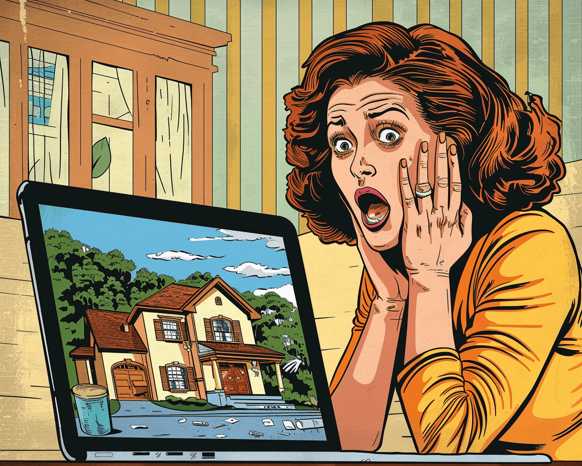 A comic book-style illustration of a shocked woman with brown hair, wearing a yellow shirt with a white collar, sitting in front of her laptop. The screen displays a photo of a modern country home, presumably the woman's home, listed for sale. The woman's face exhibits a mixture of surprise, fear, and sadness as she leans forward with one hand on her cheek and her mouth open in disbelief. The background features a suburban neighborhood with the woman's large two-story house visible behind her.