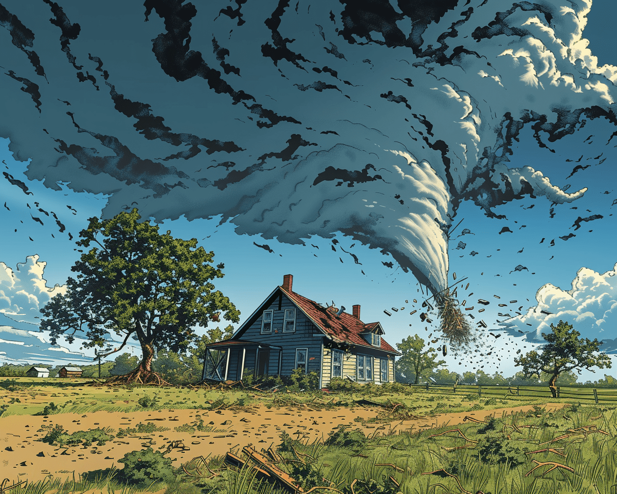 A dramatic comic book-style illustration depicting a tornado striking an old farmhouse in the middle of an open field. The scene features a vortex of wind blowing debris around the house, capturing the moment just before the tornado hits the structure. The artwork showcases a colorful and detailed background with a blue sky, white clouds, and green grass and trees.