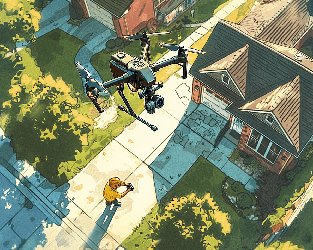 A colorful, cartoonish illustration depicting a drone flying over an American suburban home. In the foreground, a man wearing a yellow shirt is operating the drone. The scene is set in a typical suburban neighborhood with detailed houses and lush greenery.