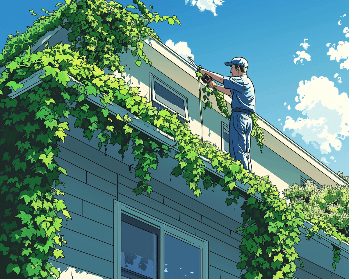 A vibrant illustration of a man climbing on the roof of a house, cleaning ivy. The scene is set on a bright, sunny day with a clear blue sky and fluffy white clouds. The man wears blue overalls and a baseball cap, reaching up to remove the lush green ivy that has grown extensively over the building's eaves.