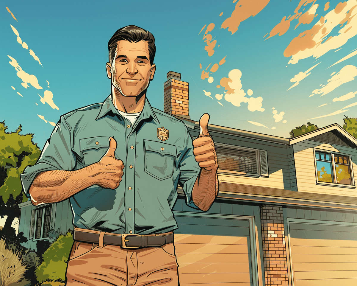 A comic book-style illustration of a cheerful man in his thirties with brown hair, giving a thumbs-up gesture in front of an American suburban house. The man is wearing work attire, consisting of a shirt and khaki pants. He has a friendly smile and a distinctive forehead lock.
