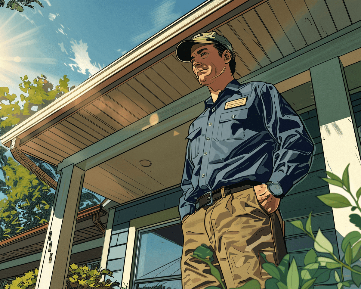 A detailed comic book-style illustration of a handsome male home service technician standing on the porch of an American suburban house. The technician is wearing a navy blue work shirt, khaki pants, and a baseball cap. He has a friendly smile as he faces the camera.