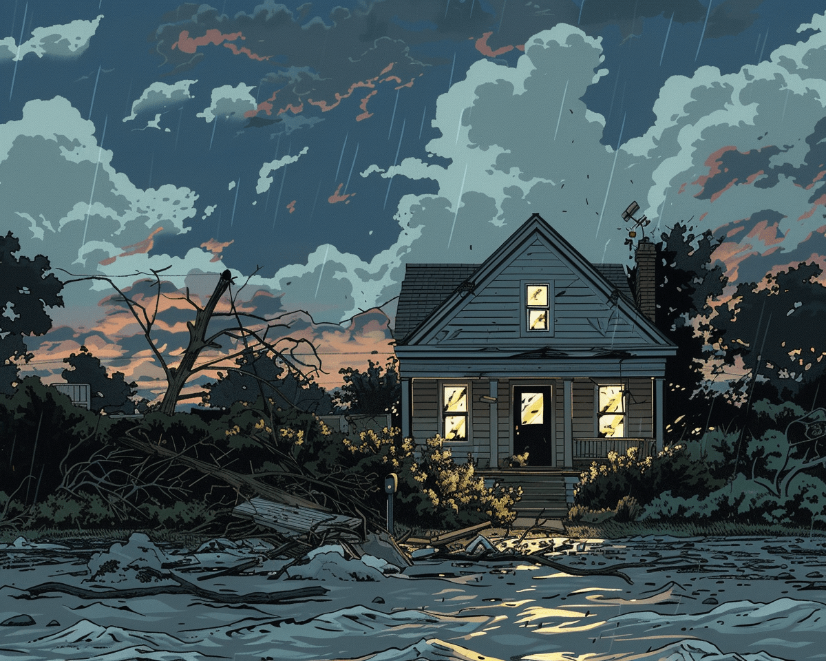 A dramatic comic book-style illustration depicting a house surrounded by floodwater at night during an intense storm. The house's windows are illuminated, creating a stark contrast against the dark, turbulent sky filled with ominous storm clouds. Broken trees and debris surround the partially submerged structure, emphasizing the storm's destructive force.