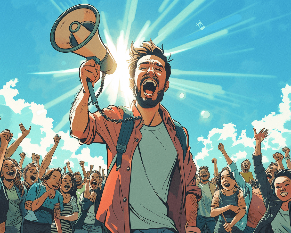 A vibrant comic book-style illustration depicting an enthusiastic man with short brown hair and a beard, holding a megaphone up to his mouth. He's wearing casual attire - a white t-shirt under a long-sleeved shirt and a denim jacket. The man appears confident and energetic, as if addressing a large crowd. Behind him, a cheering audience is visible with raised hands, some holding small flags or signs. The background features a bright blue sky with sunbeams breaking through clouds, adding to the uplifting atmosphere.
