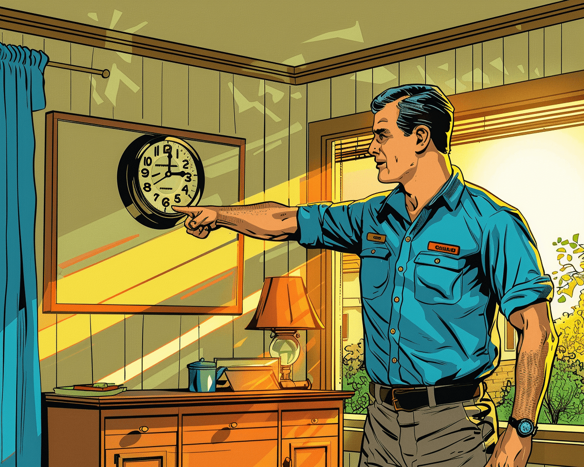 A vibrant comic book-style illustration depicting a smiling home inspector inside a suburban home's living room. The inspector, an attractive middle-aged man, wears a blue work shirt and is pointing at a wall clock signaling that it's time for a home inspection.